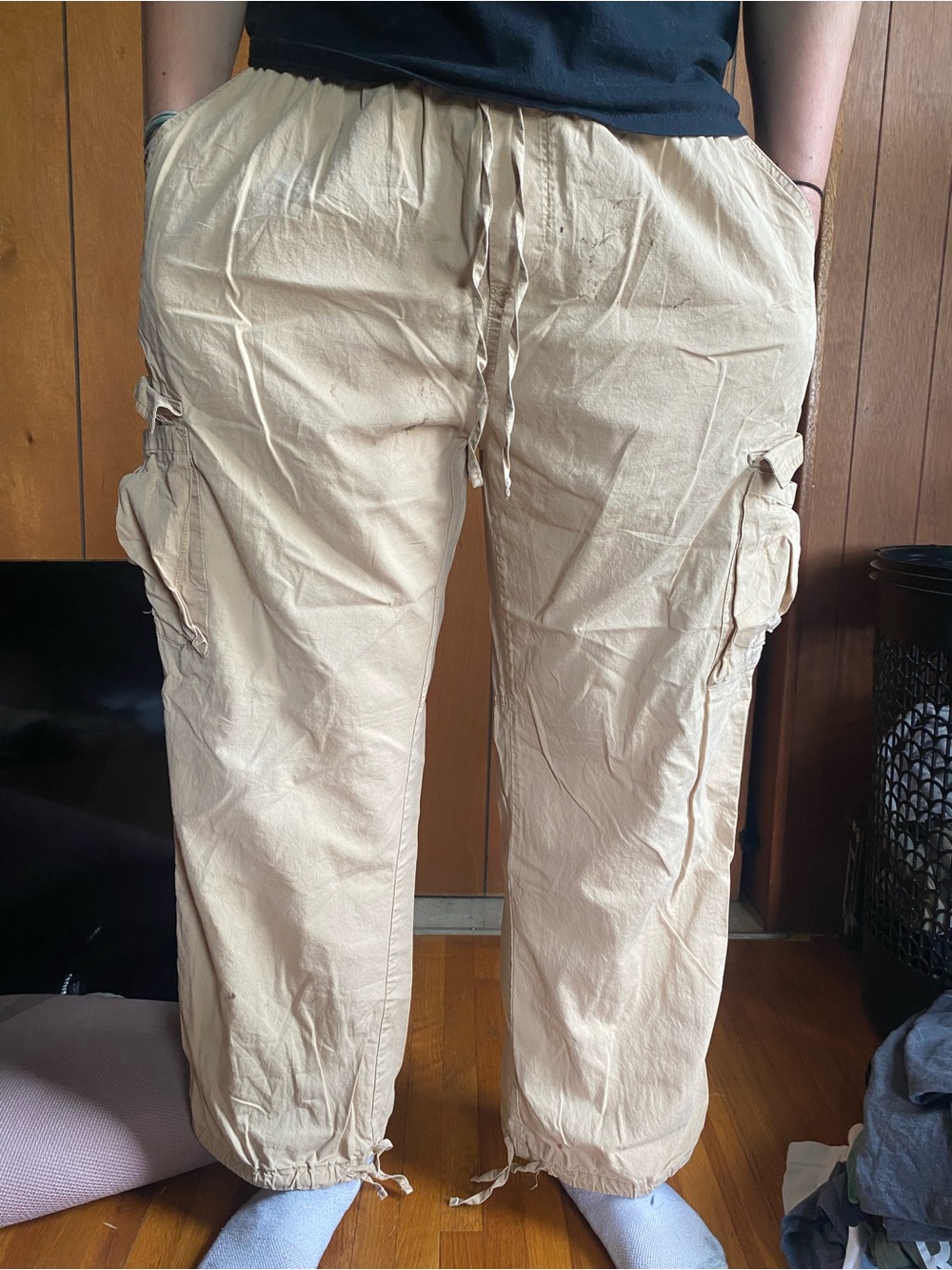 Men's Beige Cargo Pants with Drawstring Waist